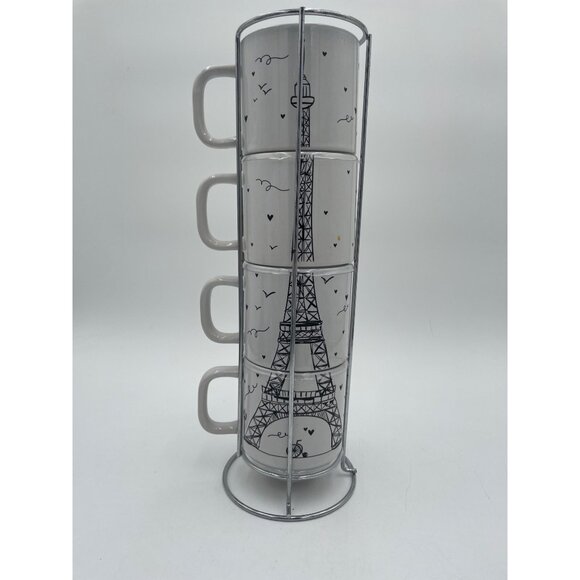 LetS Dine Eiffel Tower Stackable Mug Set Metal Rack Stoneware Microwave & Dishwa - Picture 2 of 5